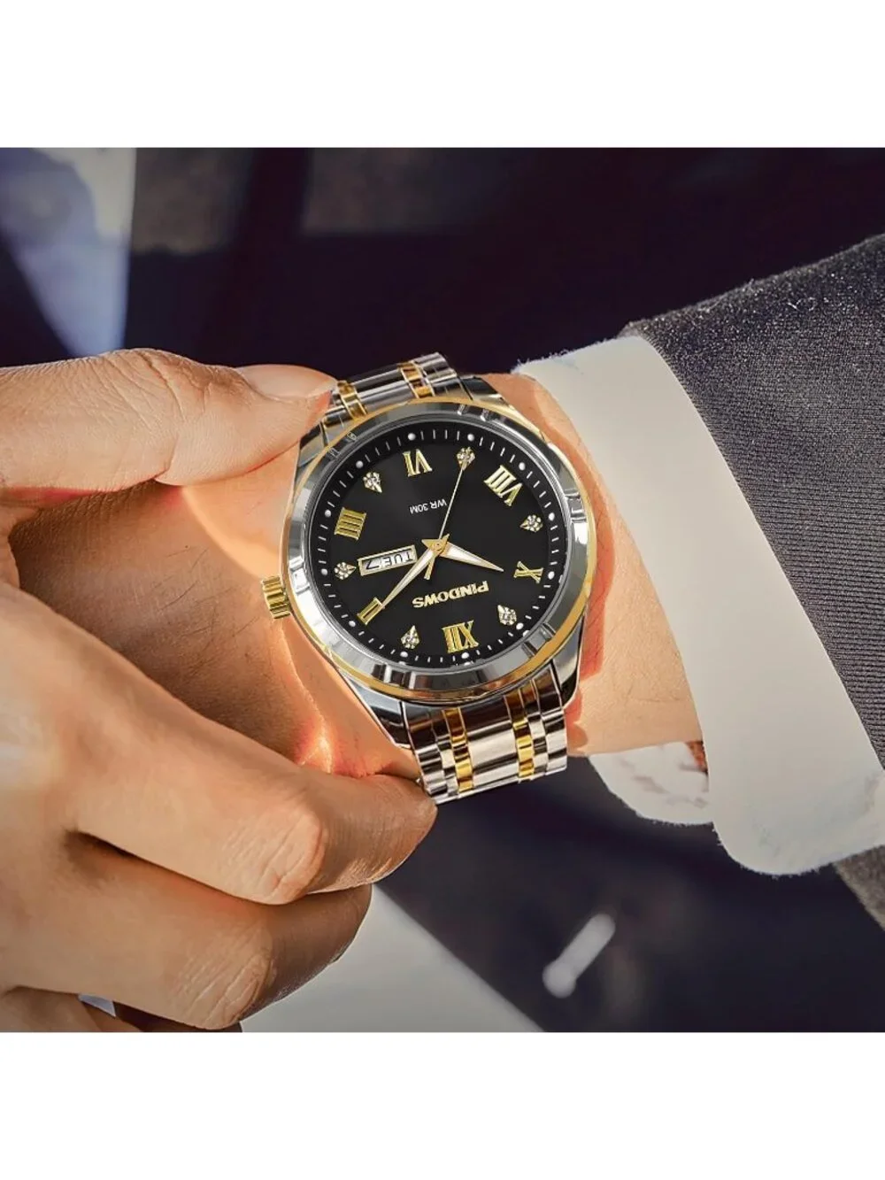 Men's Two Tone Black Classic Quartz Watch Stainless Steel Diamond Dial Watch
